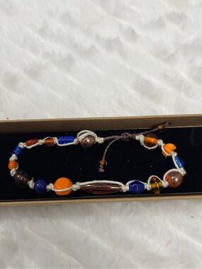 Hand Knotted Beaded Bracelet Orange blue Brown boho waxed cord jewelry gift